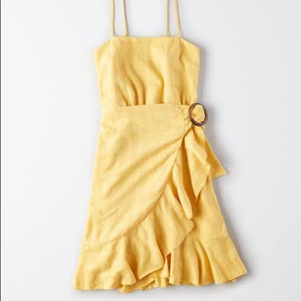 American eagle yellow ruched wrap dress NWT